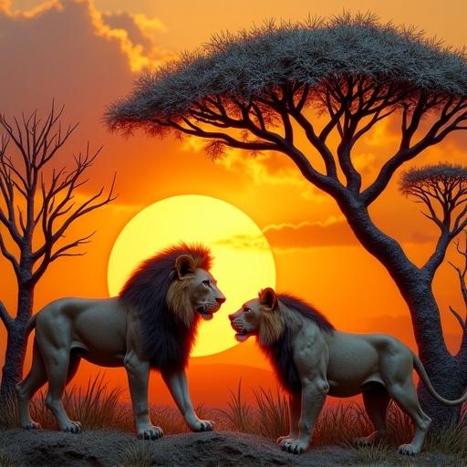 Realistic 3D depiction of African landscape with two lions facing each other during a vibrant sunset. Embossed styled trees in the background with a large sun.