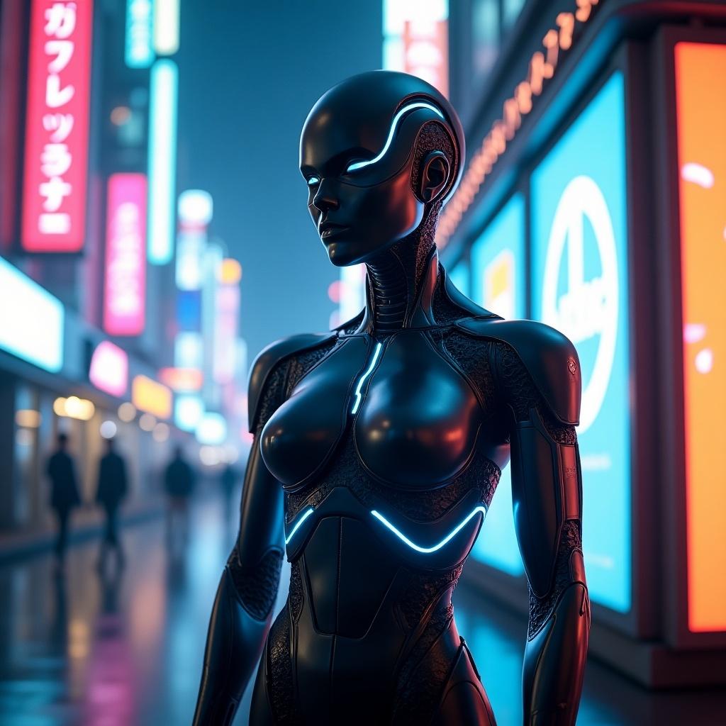 The image showcases a humanoid robot named Eva standing confidently in a bustling, neon-lit cityscape. The robot's glossy black exterior features glowing blue lines that illuminate its contours, enhancing its futuristic design. In the background, bright advertisements and neon signage add depth to the urban environment. The atmosphere is vibrant yet moody, capturing the essence of a sci-fi metropolis. People can be seen walking in the distance, emphasizing the robot's presence in this lively setting.