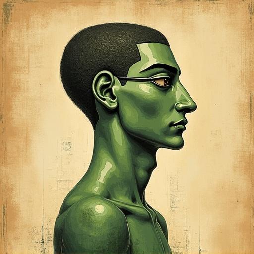 Vintage illustration of a man in muted colors with Egyptian nose highlighted. Pencil drawing technique applied. Flat colors used in the background resembling an ancient manuscript. Large outlined eyes and elongated profile exhibited. Body displays a green gradient with textured canvas appearance.