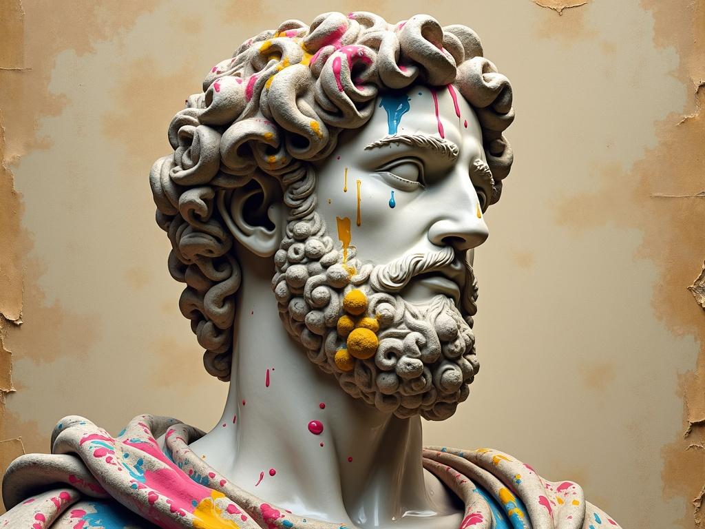 A portrayal of a marble statue with colorful paint splashes. The statue is Greek in style. The background fades into aged parchment with worn edges. The artwork resembles the style of Antonio J. Manzanedo and conveys an epic fantasy theme.