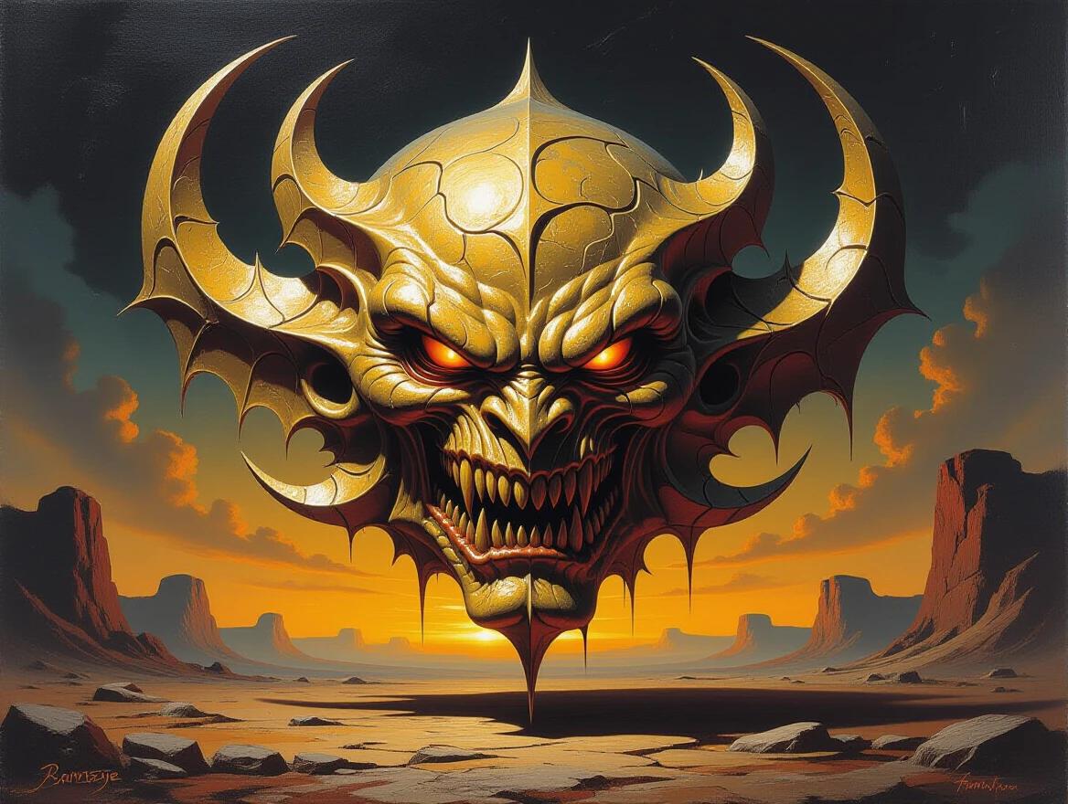 A masterpiece of sculptural oil painting in the style of Boris Vallejo. The subject is an aggressive neotribal form. It has a sharp shape of liquid metal. It is rendered in thick coarse and matte oil paint. The painting floats in a dark fantasy landscape.