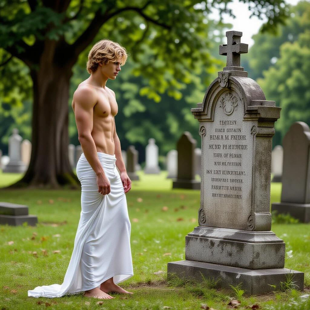 A young man stands in a historic cemetery beside an old gravestone. He is 20 years old with blond hair and a hairless upper body. He wears a tight white slip and is barefoot. The atmosphere is reflective and serene.