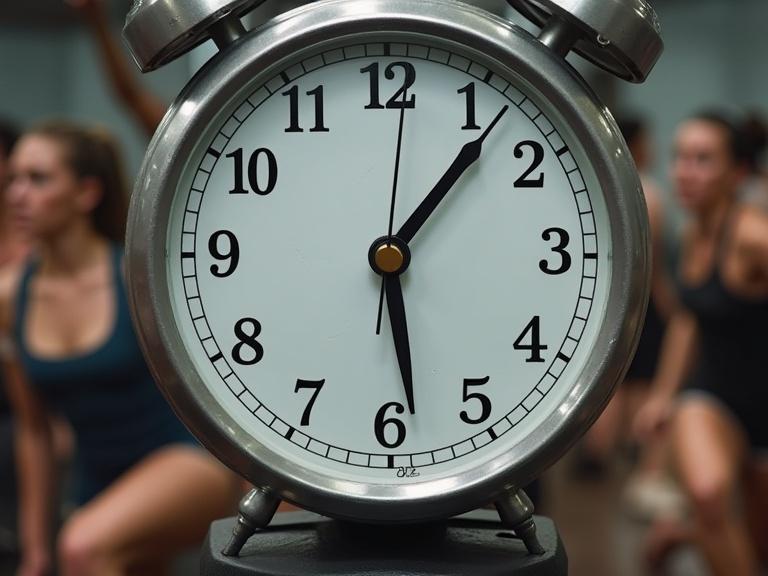 Clock showing fifteen to thirty minutes with people exercising around it. Individuals appear sweaty and focused on their workout session.