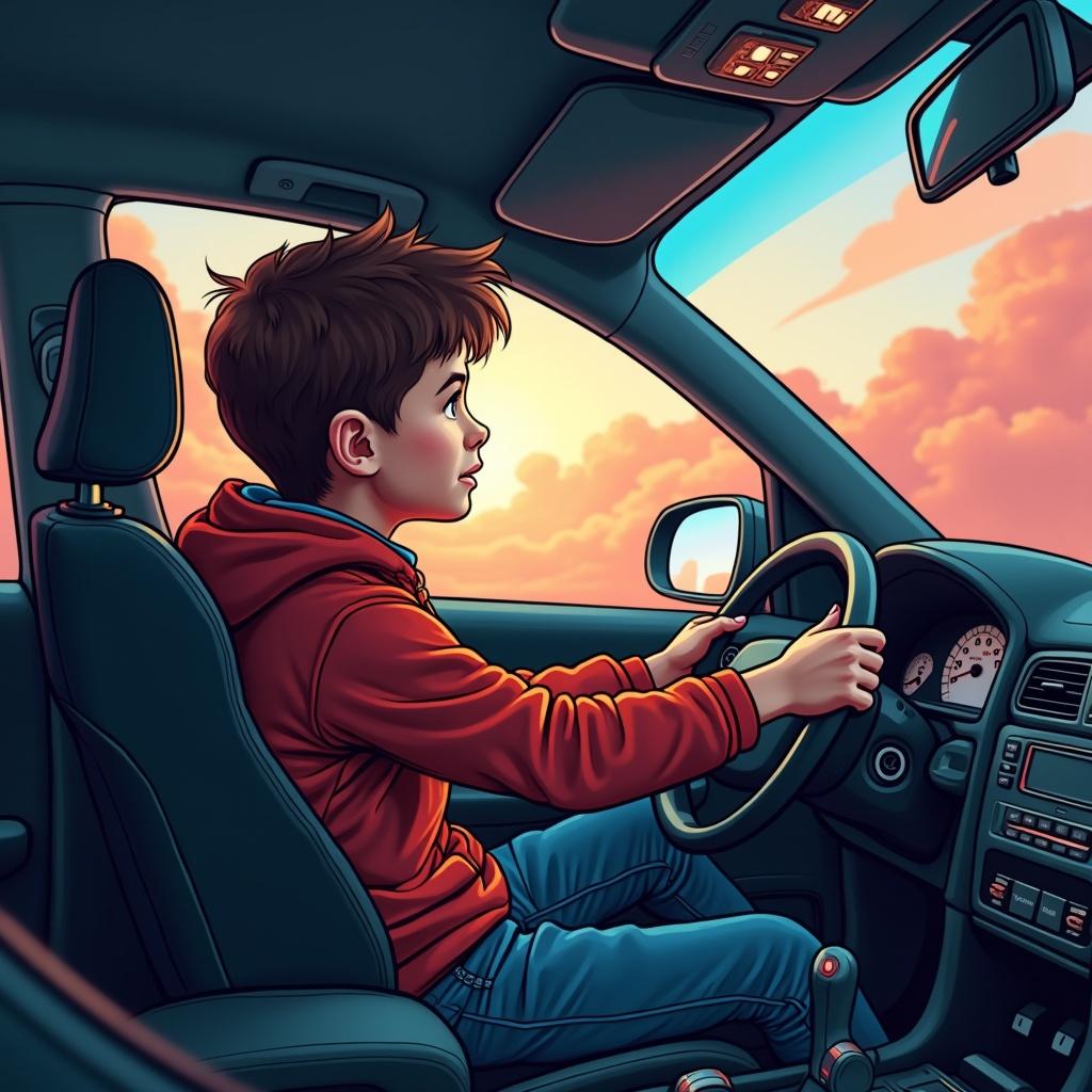 Boy driving a car with scenic sunset view in the background.