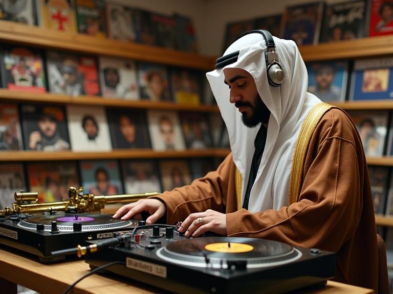 Saudi person playing vinyl records on DJ turntables. Professional DJ headphones worn. Local record store atmosphere with records on display. Enjoying music and engaging with equipment.