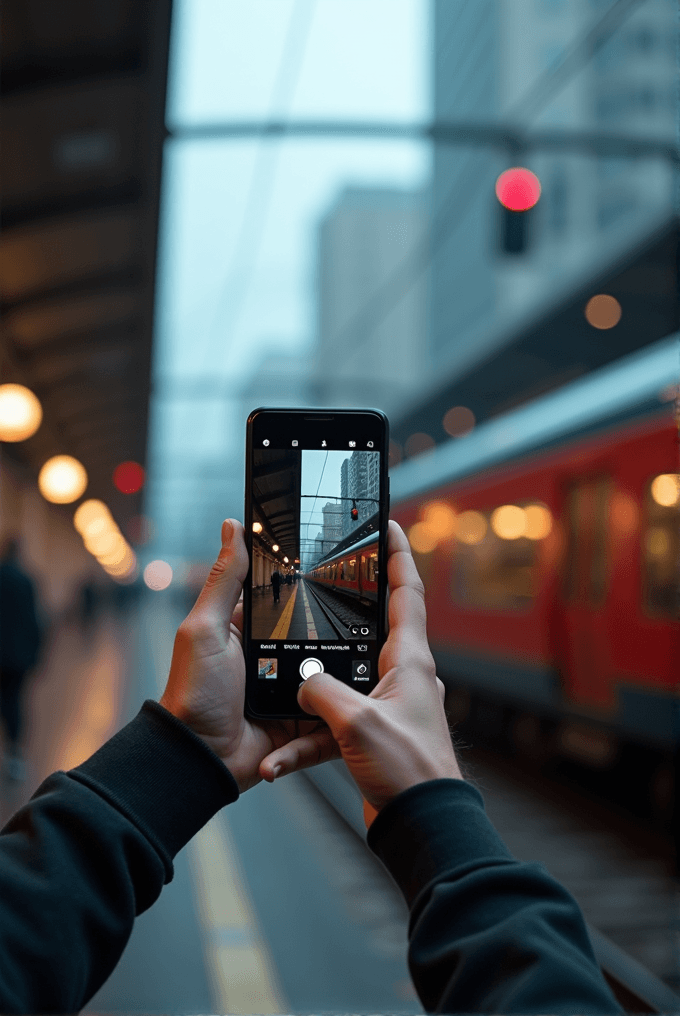 A person is taking a photo of a train station with their smartphone.