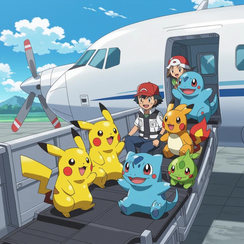 A cheerful scene featuring Pokémon exiting a plane. Trainers interact joyously with their Pokémon partners. The plane sits on the tarmac under a bright sky. Pokémon are colorful and expressive.