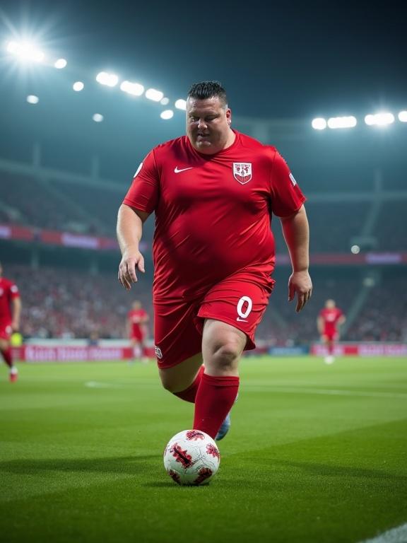 Hyper-realistic full-body photo of an overweight football player dribbling a ball on a stadium field. Player wears Polish national team kit. Scene shows stadium lights and crowd in background. Dynamic sports atmosphere captured with cinematic quality.