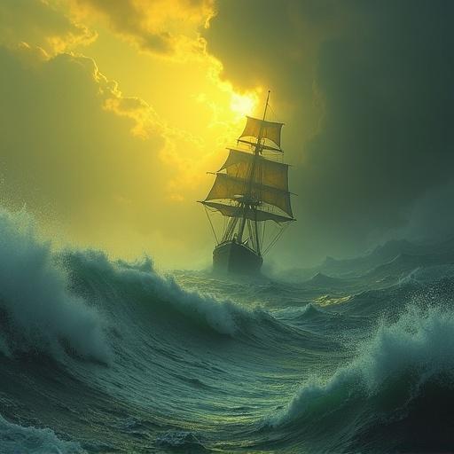 Image of a ghost ship dissolving in storm light. Scene features turbulent ocean waves with dramatic yellow lighting. Clouds appear heavy with impending weather. The ship is tall with billowing sails, captured in a moment of struggle against nature's fury.