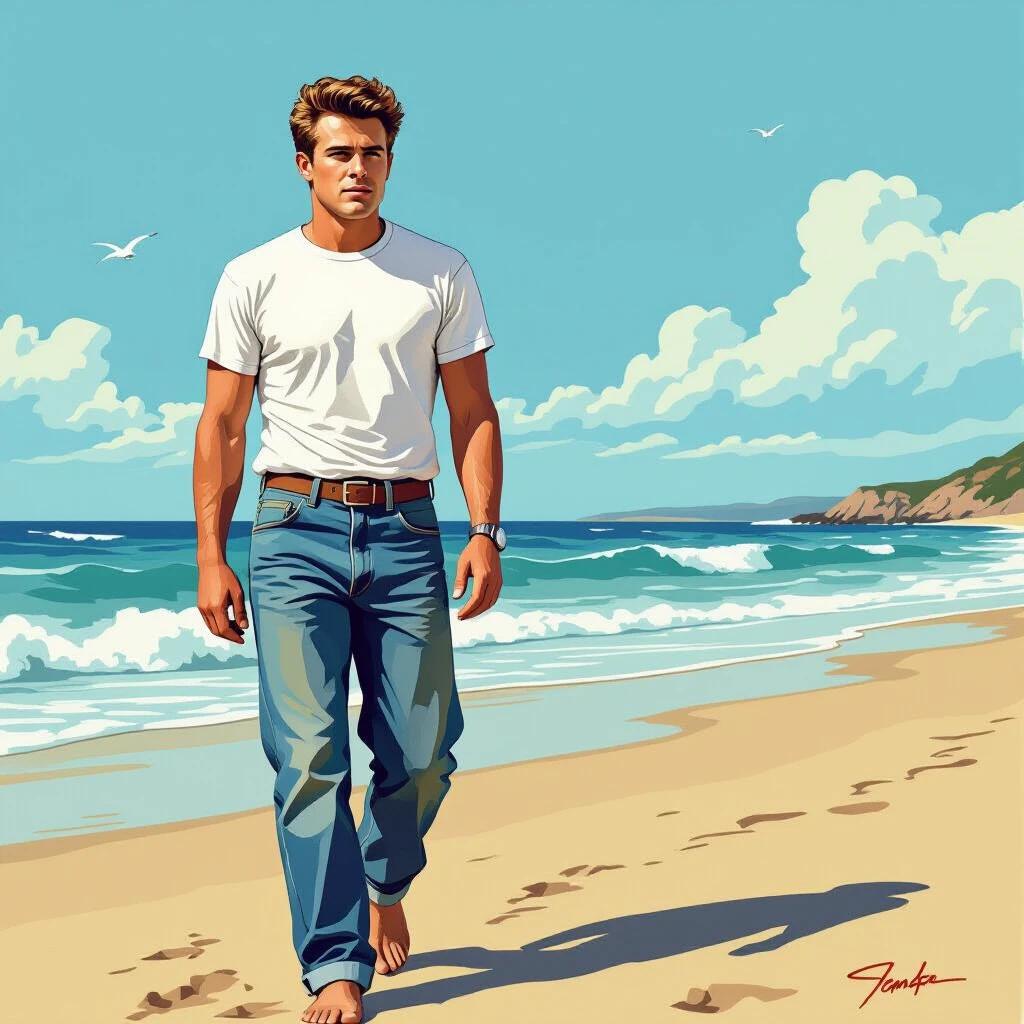A man walks along a sandy beach. He wears jeans and a white t-shirt. The scene is colorful with a comic art style. The waves crash gently on the shore. Clouds drift in the blue sky. The beach is inviting and bright.