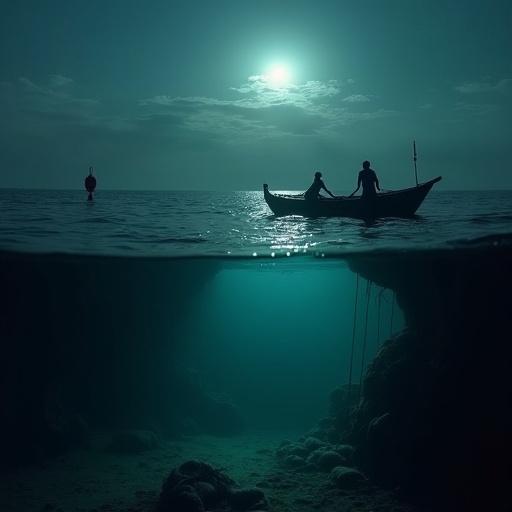 A dark underwater scene with a cracked smartphone sinking. Ghostly figure of a fisherman is visible. Above water, a small boat floats peacefully under moonlight. men and women are depicted in different postures reflecting emotions. A buoy with a red light is nearby, contrasting with the calm surface.
