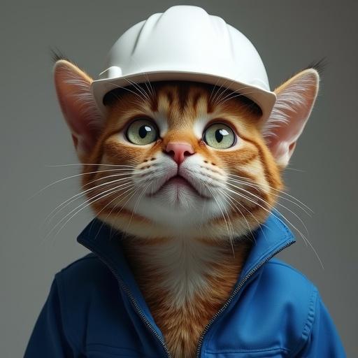 A semi-realistic cat wearing a white hard hat and blue work jacket. Cat has a shocked expression and wide eyes. Cat is leaning back, looking directly at the viewer. Perspective is frontal.