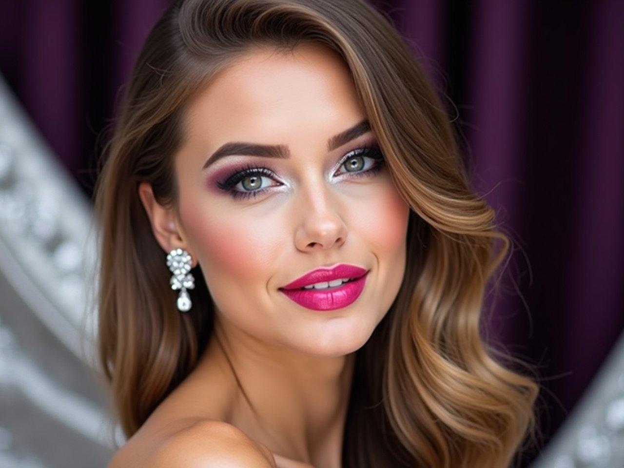 Close-up portrait of a young woman with light brown hair, styled in soft waves that cascade over her shoulders. She adorns glamorous, sparkling diamond earrings that catch the light beautifully. Her makeup is striking, featuring a smoky effect with light purple and silver eyeshadow around her eyes, complemented by bright pink lipstick that adds vibrancy. Her expression is serene, with a hint of allure showcased by a slight smile. The lighting is soft and diffused, enhancing her flawless skin and the shimmer of her makeup and jewelry. The background blends dark purple tones with lighter areas, possibly white or silver, creating depth and elegance.