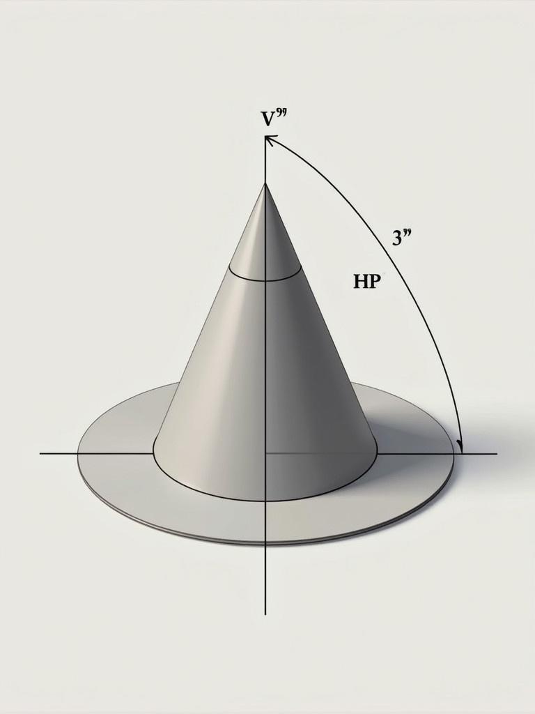 This image shows a cone with a base diameter of 40 mm and height of 50 mm. The cone has a generator line in the vertical plane and the axis is parallel to the horizontal plane. Projection is illustrated in the first angle projection style.