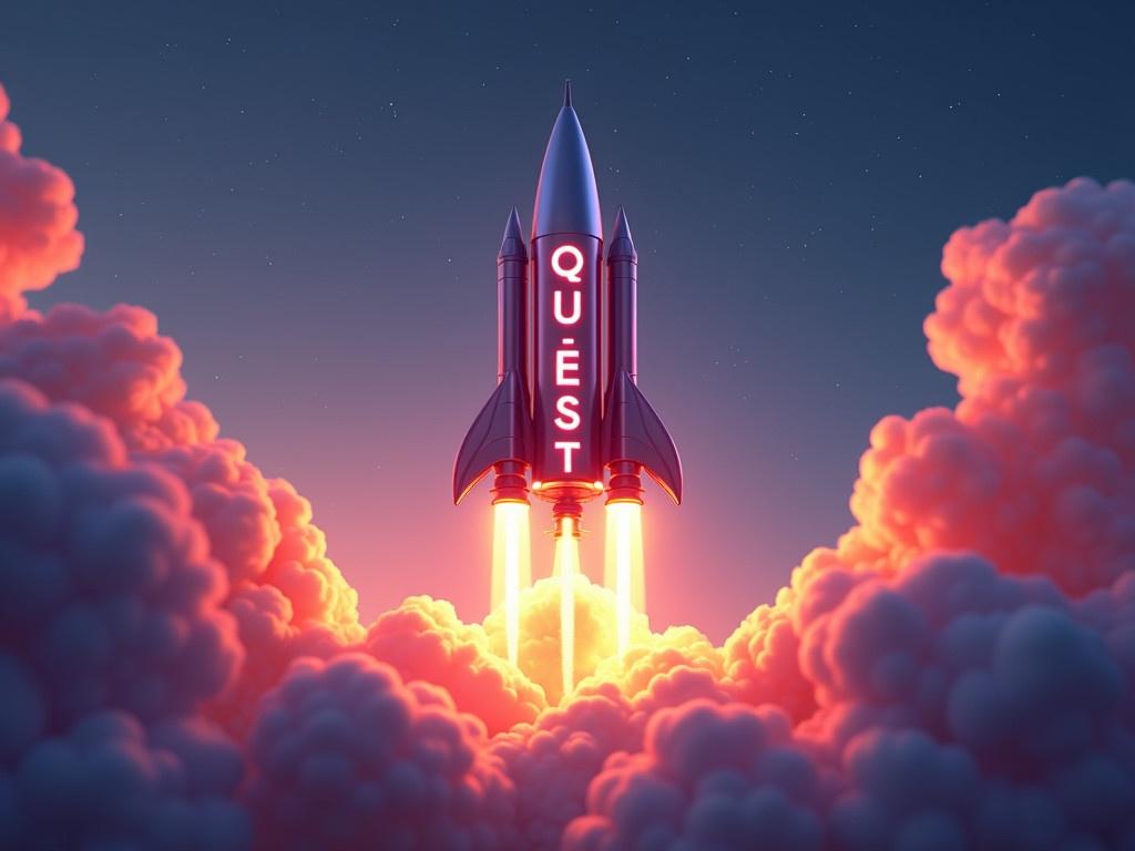 A futuristic rocket is launching into the sky, its body sleek and shiny with a metallic finish. The word 'QUEST' is prominently displayed along the side of the rocket in glowing letters, illuminated by soft neon colors. The rocket is surrounded by vibrant clouds that are lit up by the fiery flames from its thrusters, creating a dramatic and colorful scene. The background transitions from dusk to a starry night, adding depth to the image. The overall atmosphere conveys excitement and adventure as the rocket embarks on an interstellar journey.