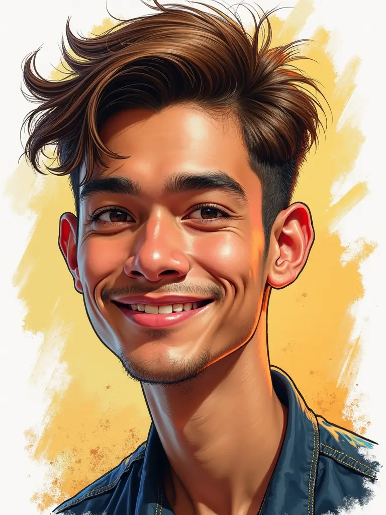 Vivid caricature of a handsome Indonesian young man with undercut hair. High nose and charming face. Pen technique illustration with bright colors. The figure has a dynamic background with artistic edges and contrasting gradations.