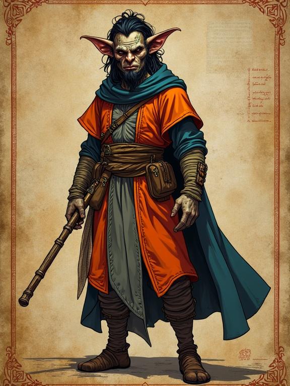 Create a full-length D&D character design. Character is an adult male goblin named Boblin. Boblin has black brown hair and a burn on half his face. He is dressed in brightly colored bard clothing. The background features arcane diagrams, ancient magic cards, and magical notations. The aesthetic is dark fantasy with a hand-drawn comic book style. Include one painted portrait of Boblin conveying suspicion, using dramatic shadows, cel shading, and realistic proportions with vibrant colors.
