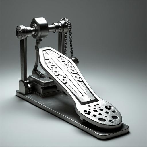 generate images of a silver metallic drum pedal. Show the pedal in a pressed state from the front view.