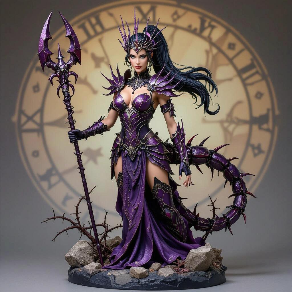 Resin statue of Scorpio goddess. Dark-haired woman with penetrating gaze. Wearing organic armor mimicking scorpion shape and texture. Dark tones with purple and red highlights. Sharp crown and long ponytail with spikes. Back adorned with metallic scorpion tail. Stands on rocky base with astrological symbols and thorns. Holds spear shaped like a stinger. Dominant pose with contained threat. Lethal and divine character in Zodiac Queens universe.