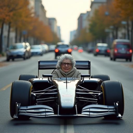 Formula 1 driven slowly by elderly woman with gray hair and glasses. Cozy cardigan. City street surrounded by normal traffic. Snail's pace movement. Clear humorous contrast between car and driver. 3/4 view photorealistic. Natural daylight street-level perspective.