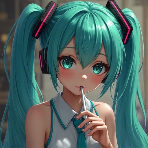 Hatsune Miku character with turquoise hair and headphones poses with a cigarette in her mouth.