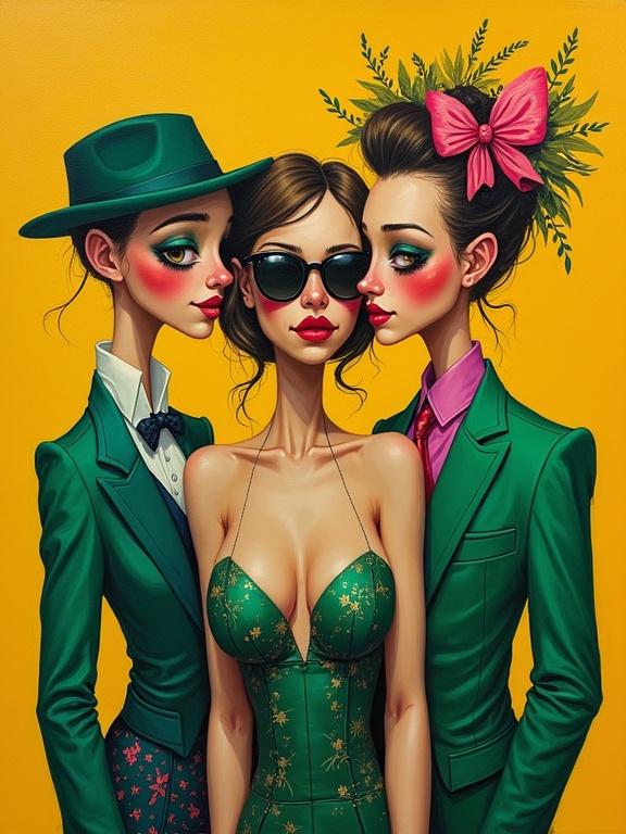 Surreal portrait featuring three lovers. They wear eccentric attire in shades of green, magenta, yellow, and blue. The background is a contrasting yellow ocher with burnt sienna. Art is hyperdetailed with intricate designs.