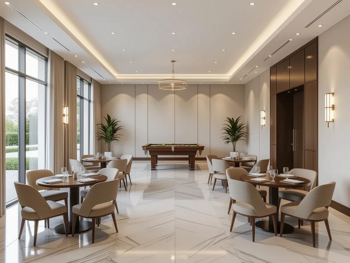 Luxurious multipurpose hall single floor design. Six round tables arranged in two rows of three. Large space between each table. Central pool table positioned near bottom. Polished marble flooring. Soft ambient lighting adds warmth. Modern minimalist interior style. Dual washroom entrance on far wall. Clean and organized layout with wide horizontal view.