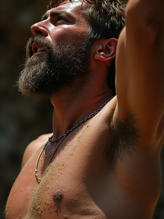 Photorealistic close-up image. An arm and torso of a pagan prophet, sweat and dust present. The face is partially visible, showing an expression of ecstatic fanatical hope. Focus on intensity and futility of the act.