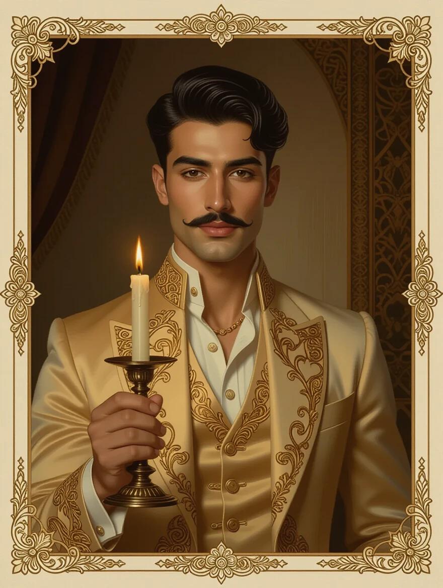 Oil portrait of a handsome young Persian man in modern ornate beige formalwear. He holds a fancy lit candlestick. The background is a dim mansion room with art nouveau border. The overall tone is dark and mysterious.