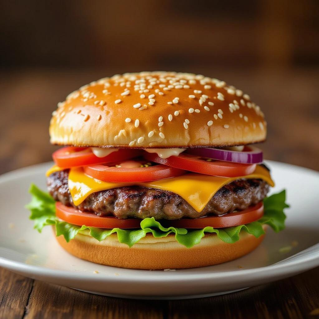 A juicy and greasy hamburger on a plate. The hamburger is fully garnished with lettuce tomatoes onions melted cheese. Sesame seed bun adds visual appeal. The focus is on the stacked ingredients and texture.