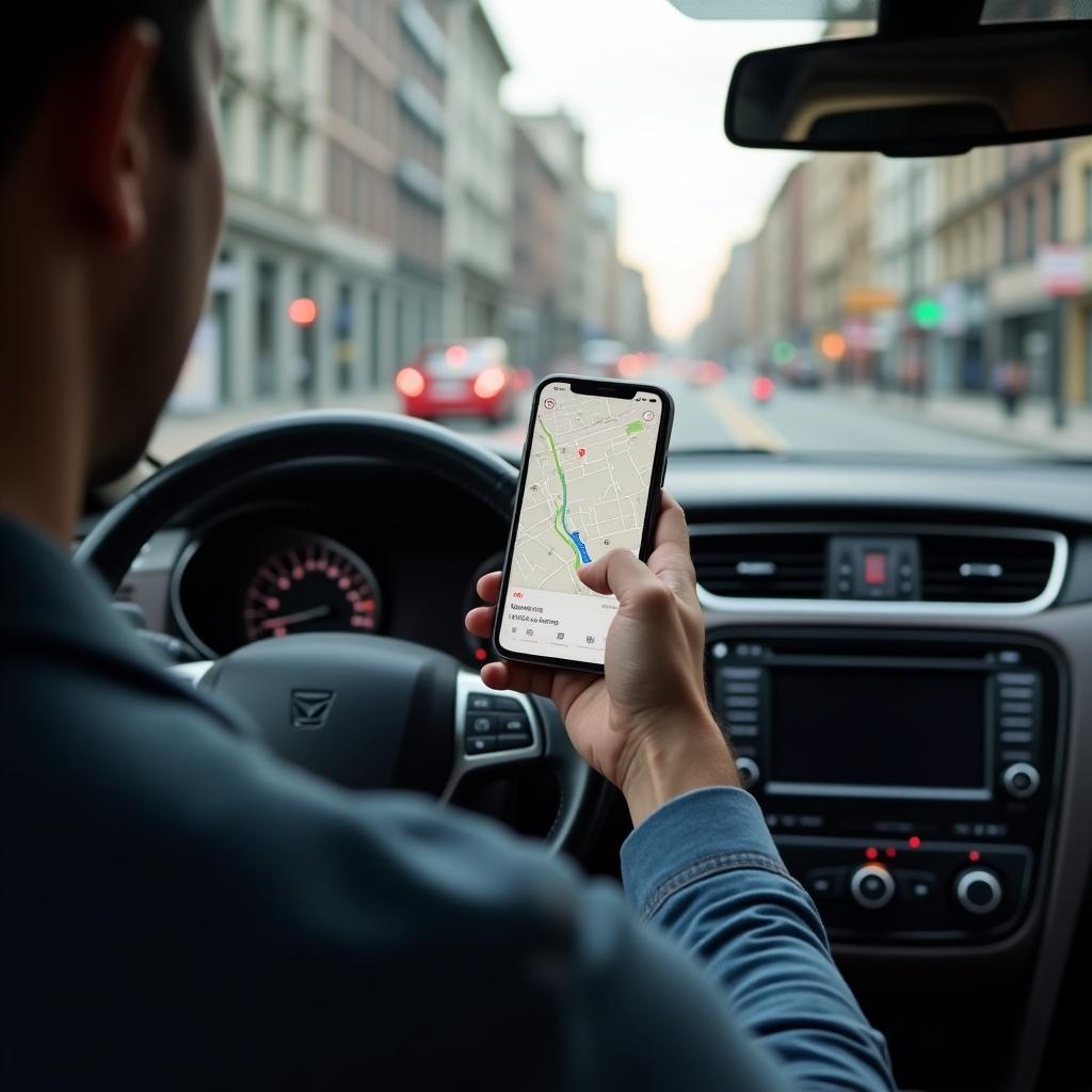 Person in car using smartphone for navigation. Urban landscape with blurred streets in the background. Evening light creates a calm atmosphere.