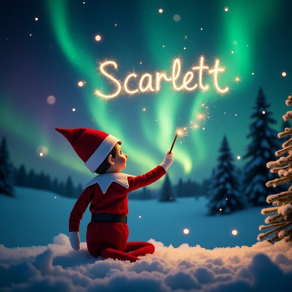 This enchanting Christmas scene features an elf on the shelf, who is facing the sky with his back to the viewer. Dressed in a traditional red and white outfit, he wields a magic wand, elegantly writing 'Scarlett' in sparkling letters above him. The backdrop is adorned with vibrant northern lights, adding a magical ambiance to the festive scene. The snowy ground enhances the serene and magical atmosphere, capturing the essence of the holiday season. The positioning and action of the elf create a sense of wonder, perfectly exemplifying the joy and spirit of Christmas.