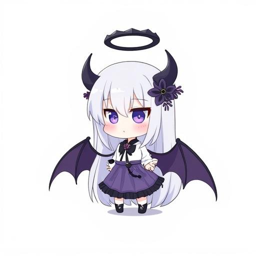 Chibi demon girl with black halo and violet eyes. Surrounded by flowers. White hair with hair ornaments. Standing against a white background. Cute and expressive features. Cosplay inspired by Blue Archive characters.