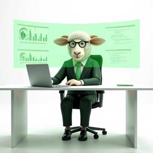 A 3D render of a sheep in a business suit at a modern desk. Sheep seated confidently has fluffy wool and wears glasses. Desk has an open laptop. Behind the sheep, a green holographic display projects charts and data points. Scene is clean against a white background with soft shadows.