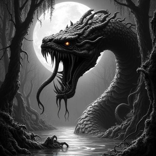 Book cover illustration featuring a Lovecraftian god named Sh'oth Naag. The creature is a large snake-like entity with tentacles and multiple eyes. It is emerging from bayou waters under a full moon. Cypress trees covered in moss surround the scene. The artwork should be in black and white with high detail, reminiscent of Frank Frazetta's style.