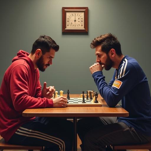 Two male players engage in a competitive chess match. One wears a red hoodie and the other sports a blue jersey. They sit across from each other at a wooden table, concentrated on the chessboard in front of them. A clock hangs on the wall in the background. Warm, soft lighting illuminates the scene, adding a cozy ambiance.