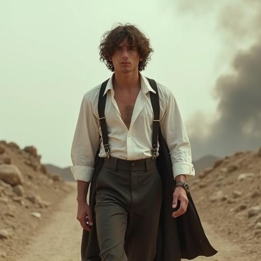 Young man with shoulder-length curly hair walks across a desolate rocky landscape. He wears a loose white shirt, suspenders, high-waisted trousers, and a long dark coat. His gaze is distant and resolute. Dust and smoke rise in the background.