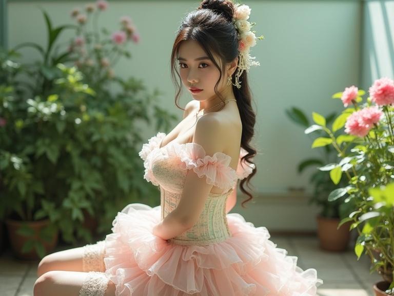 Full body shot of a lady in a pastel-colored frilly outfit. Corset top with lace and frills highlights a sweetheart neckline. Full white lace at the waist adds a vintage feel. Hair tied back, serene expression. Pale pink stockings and rose garter belts. Soft natural light in a green setting.