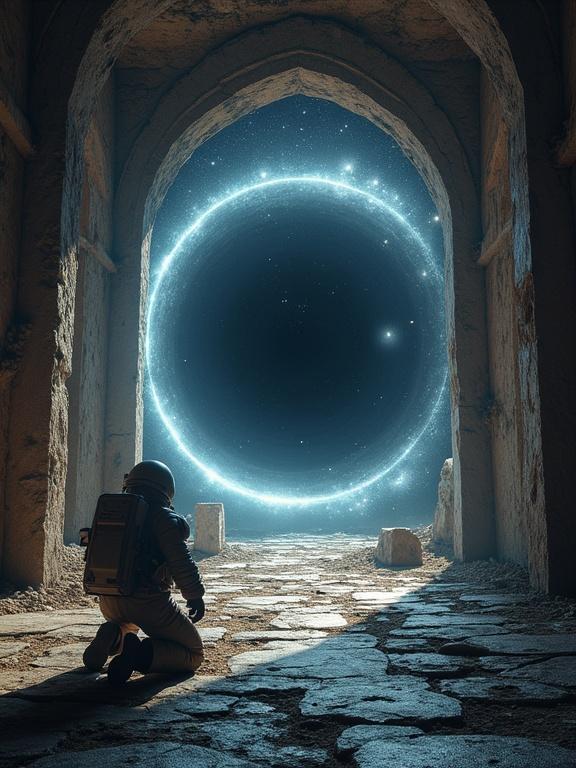 An abandoned temple built inside a miniature black hole features a kneeling astronaut. The altar made of dark matter emits visible gravitational waves. The landscape has stars distorted by gravity. A halo of polarized light forms a corona around the scene.