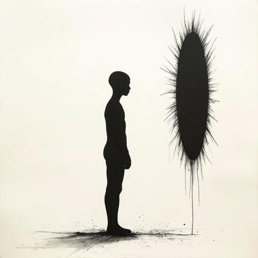 Minimalist human silhouette in black looking at a broken mirror. Monochrome sketch on textured paper inspired by Asian brushwork.