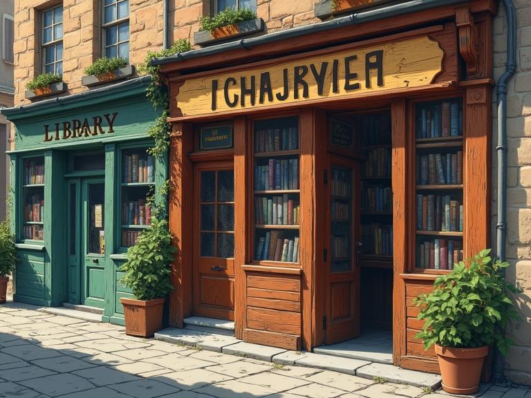 Cartoonish scene of a cozy library. Located in an old city alleyway. Features a faded wooden facade with worn signage. Door is open invitingly.