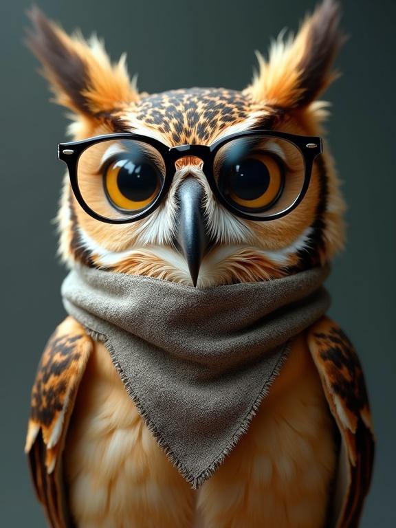 Realistic anthropomorphic owl character from the chest up. Large expressive eyes behind glasses. Small cravat or scarf covers the beak. Detailed feathers and fabric. Soft clear lighting. Simple uncluttered background. High-quality image suitable for social media avatar.