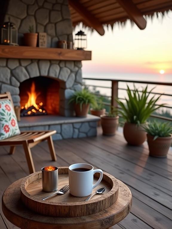 Cozy outdoor scene on wooden deck at sunrise. Stunning ocean view. White ceramic mug on round wooden tray. Dark liquid inside the mug. Fork on the tray. Two gray wooden chairs with floral cushion. Stone fireplace with flames. Two vintage metal lanterns nearby. Potted plants on deck. Small rustic side table. Warm and inviting atmosphere.
