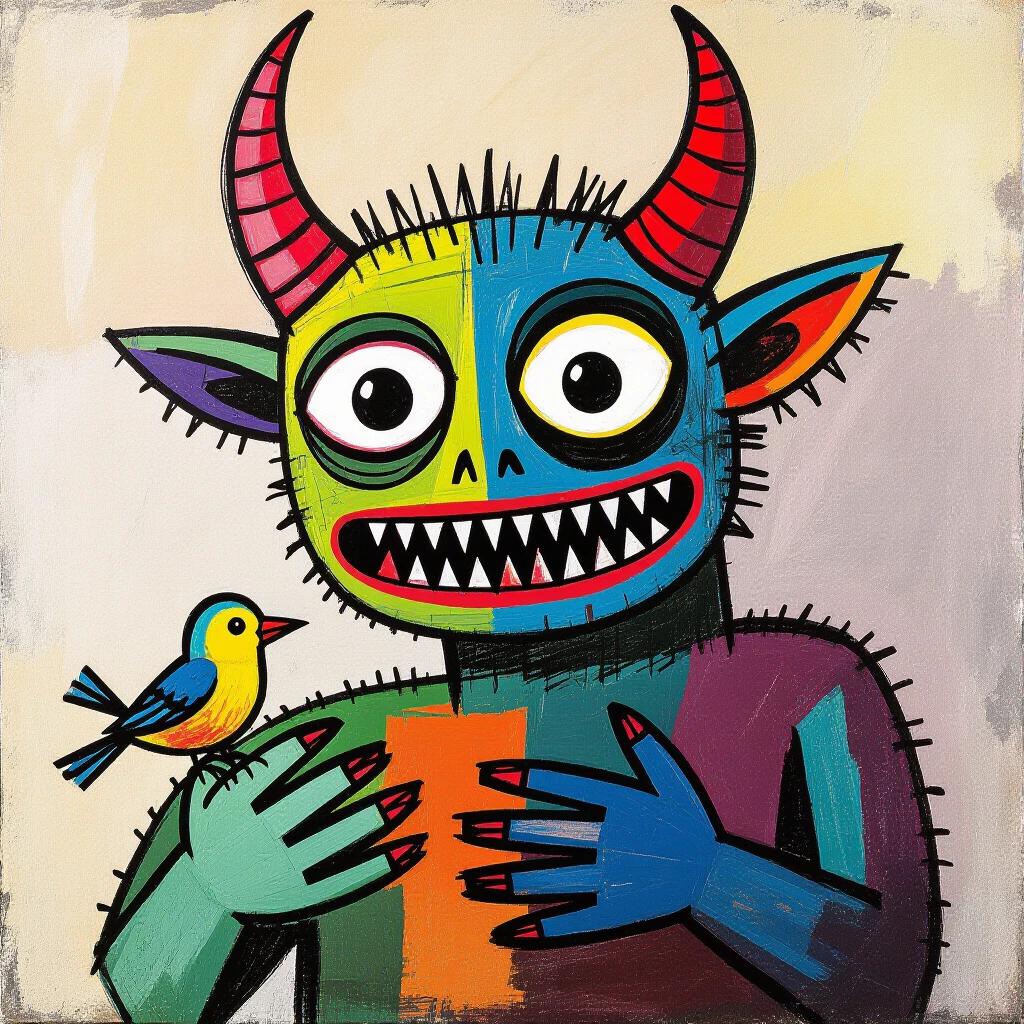 Crude childlike drawing of a horned monster holding a tiny bird. Monster has large eyes sharp teeth and oversized hands. Thick uneven lines are used with chaotic color fills. The style is inspired by Jean Dubuffet with raw emotional symbolism and scratchy textures.