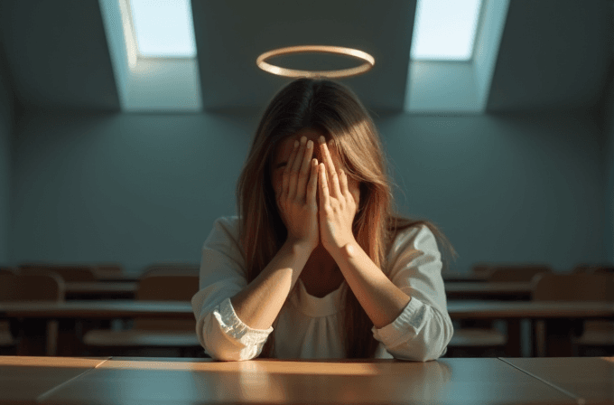 A person sits alone in a sunlit room, covering their face with their hands, with a glowing halo effect above their head.