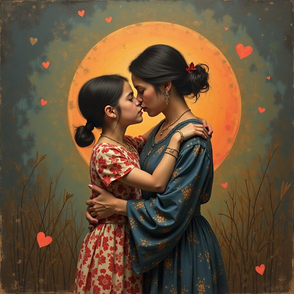 A heartfelt portrayal of motherhood. Two figures embrace in front of a warm backdrop filled with hearts. This captures deep emotional connection. The scene evokes tenderness and love.