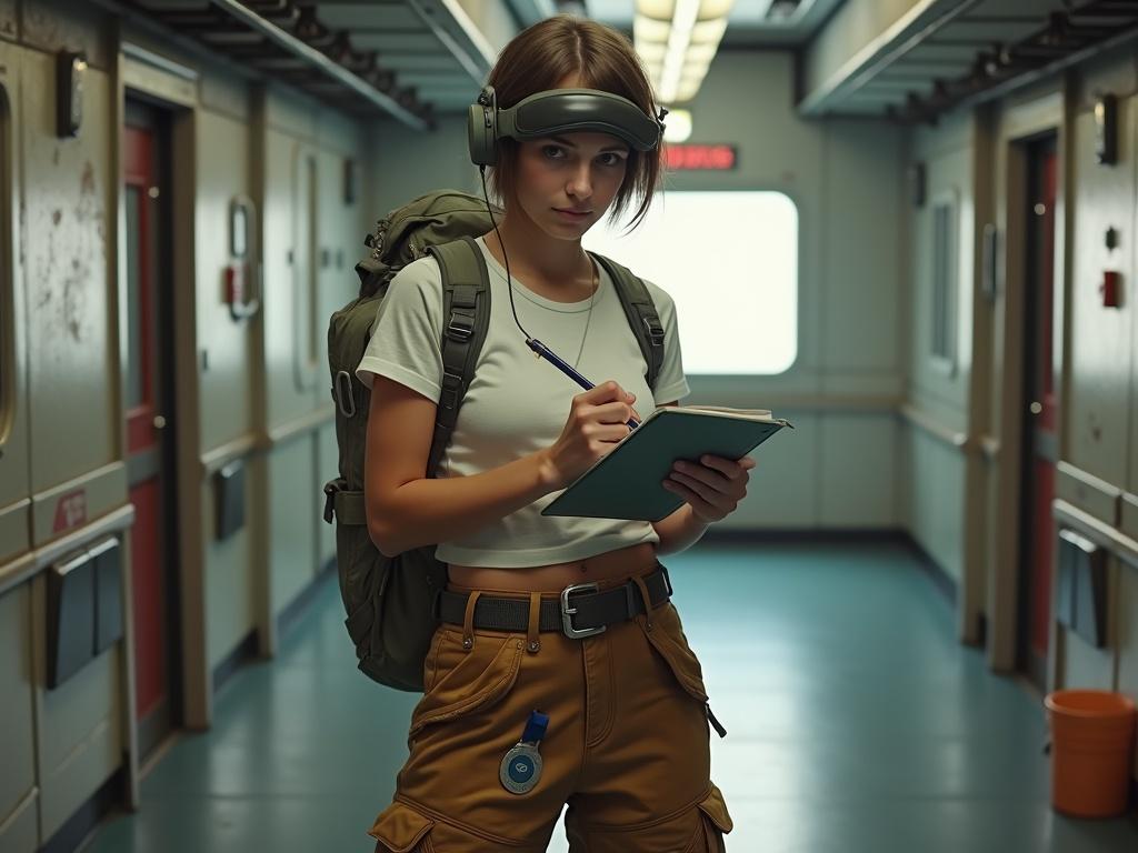 Photorealistic image of an adolescent female journalist in a spaceship hallway. She holds a notepad. She wears retro futuristic clothing. Her hairstyle is short with a curious expression. The scene is gritty and focused on her.
