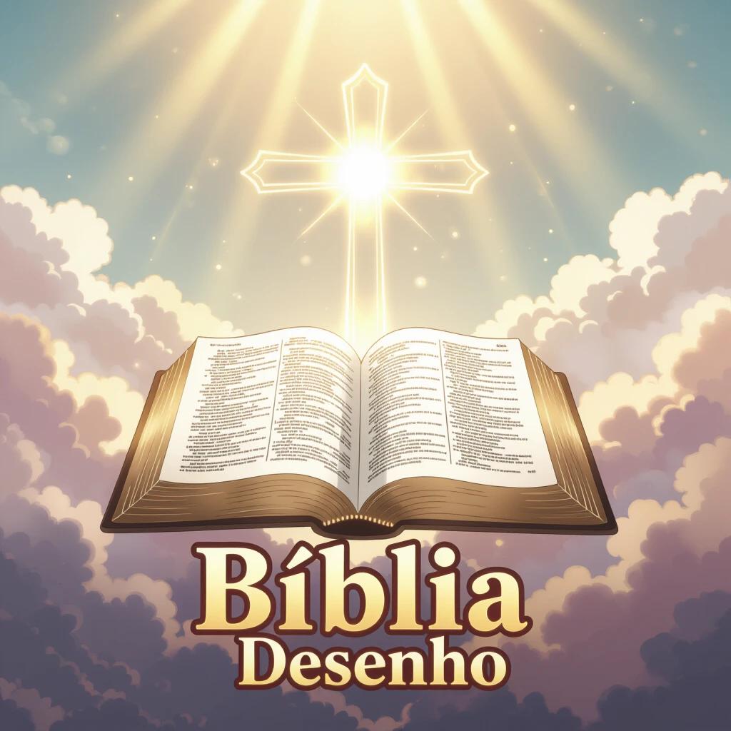 Illustration of a glowing open Bible with golden light radiating from pages. Elegant cross subtly behind. Soft clouds and warm light in background. Text with title at bottom in artistic font. Circular composition. High detail.