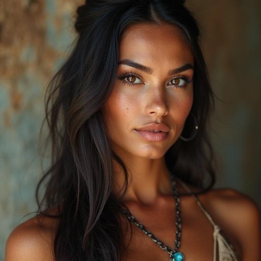 A portrait of a beautiful Cherokee Indian girl with long dark hair and warm skin tones. The girl has striking features and wears subtle accessories. The background is rustic, enhancing her natural beauty.