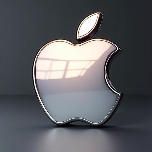 Stylized Apple logo rendered in a shiny, metallic appearance on a smooth surface with soft lighting.